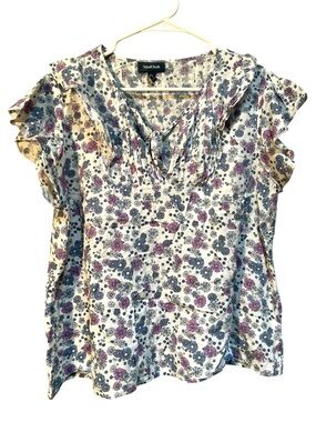 Modcloth Women's Sz XL Short Sleeve Top White Blue Purple Floral Pleated Keyhole